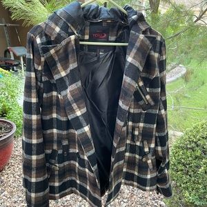 Warm, comfy plaid jacket with removable hood.